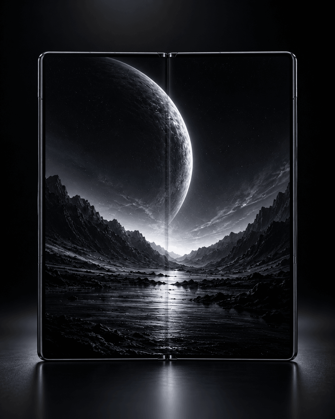 Foldspace Duo unfolded display with a central hinge and a lunar landscape