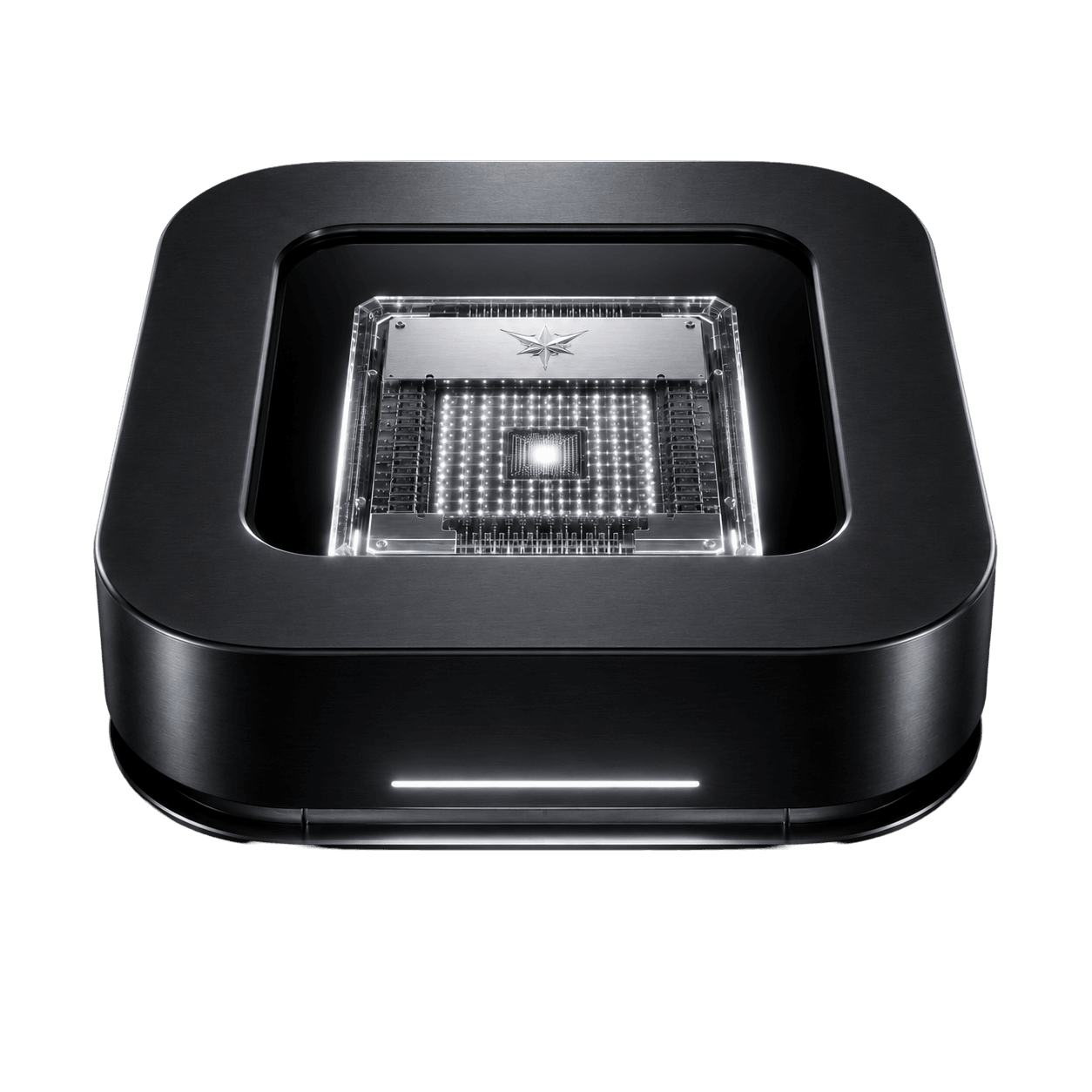 ARC Exa front view with its visible processor, graphite enclosure and light signature