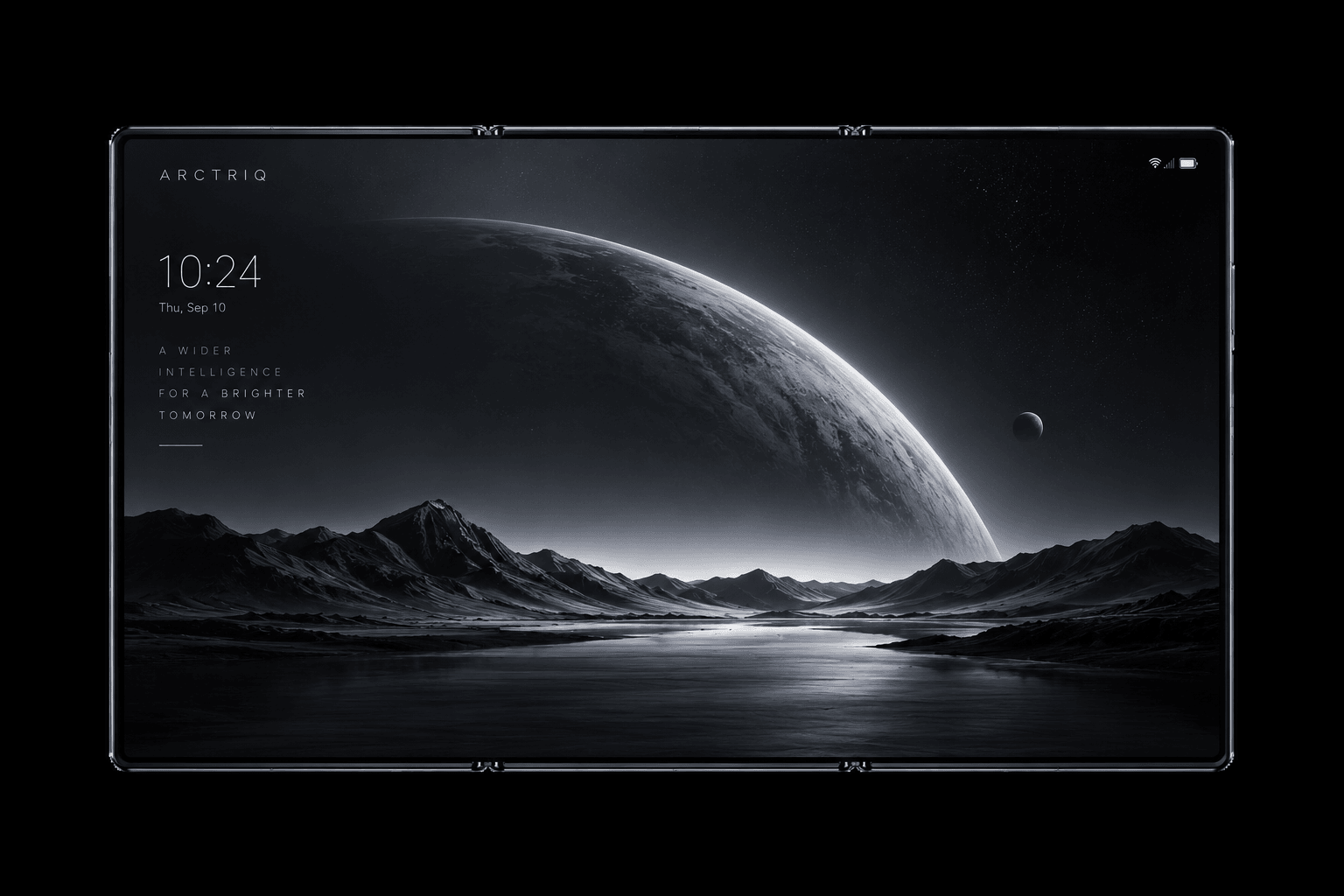 Foldspace Trois three-panel unfolded display showing a wide lunar landscape